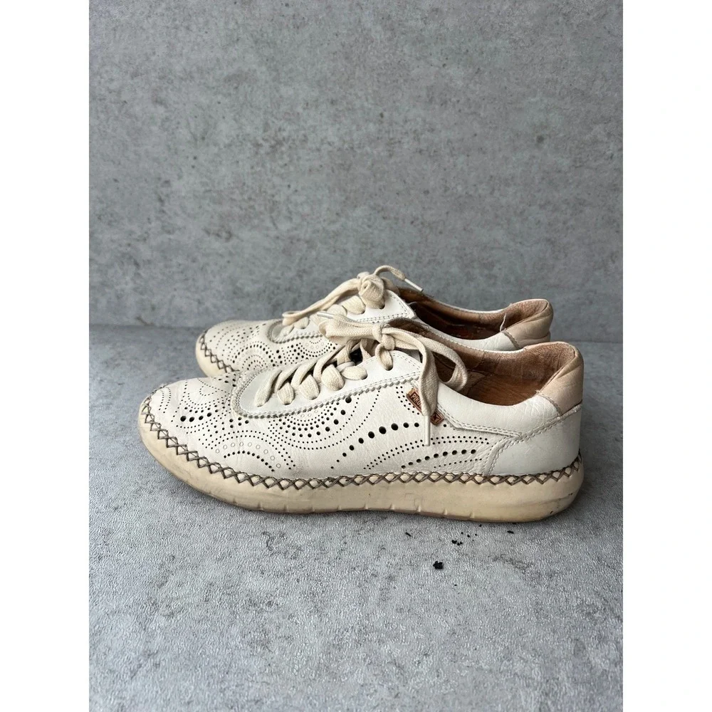 Pikolinos Mesina Leather Lace Up Sneakers Cream Floral‎ Cut Out Spring Womens 39